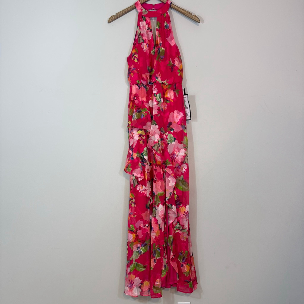 ADRIANNA PAPELL Floral Chiffon Ruffle Mermaid Cocktail Dress Pink Multi Size 2P - Picture 3 of 10